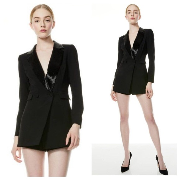 ALICE + OLIVIA Kyrie Beaded Collar Tuxedo Romper - Picture 4 of 11